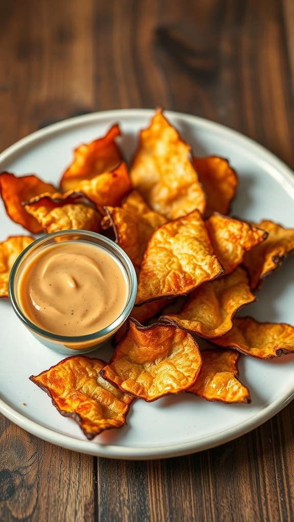 A plate filled with golden crispy salmon skin chips next to a bowl of dipping sauce.